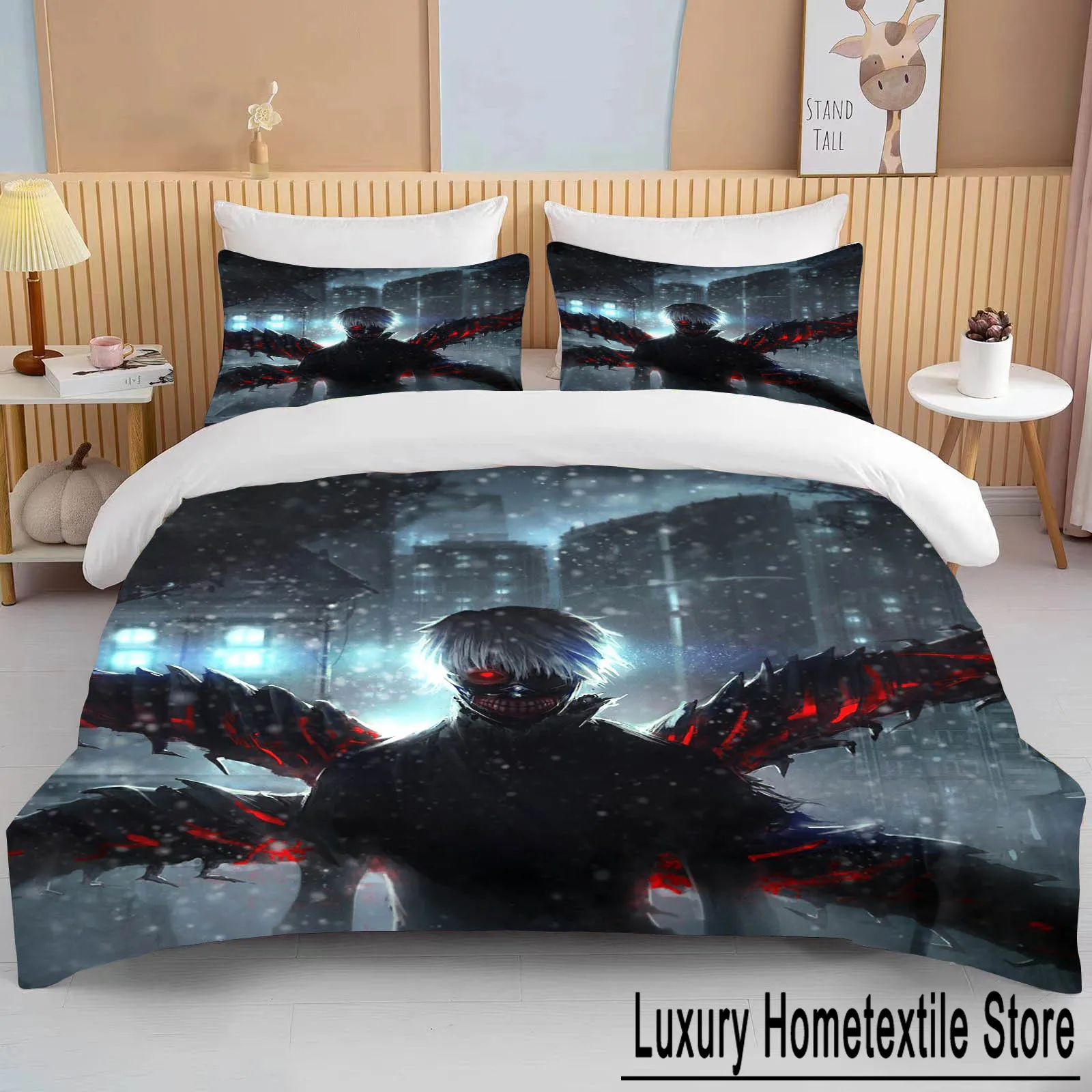 New Japan Tokyo Ghoul Bedding Set Kaneki Ken Anime Bedding Set Black White Duvet Cover Set Boy Home Textile 3d Quilt Bed Linens