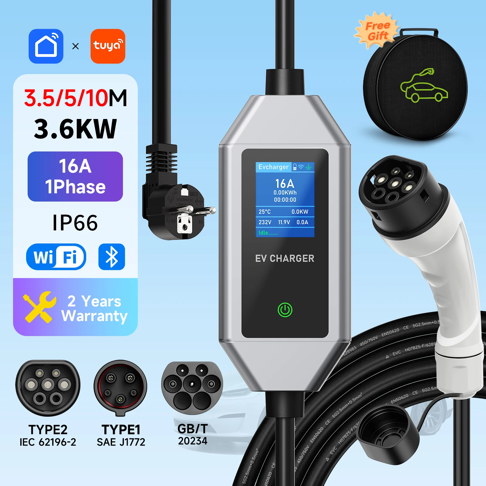 

Portable EV Charger 3.6KW 16A Electric Car Charger Type2/Type1 EVSE Fast Charging Cable Wallbox WiFi APP Bluetooth Control