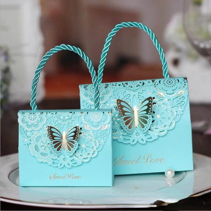 20Pcs/lot Cutout Butterfly Wedding Pink Blue Candy Box Chocolate Party Gift Bag Wedding Gift Packaging Box with Handle Wholesale