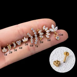 F136 Titanium Piercing Labret Studs Internal Thread CZ Leaf Crown Helix Conch Cartilage Tragus Lip Stud Earrings Body Jewelry