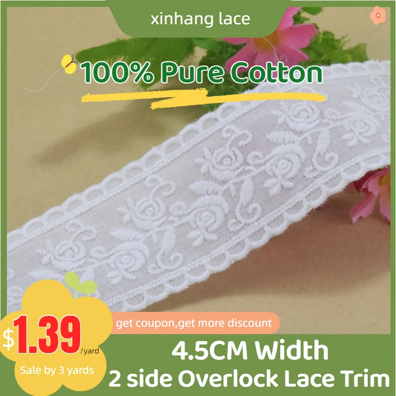 

3yards 4.5cm Wide White Lace Cotton Fabric Lace Embroidery Sewing Ribbon Trim Wedding Evening Dress DIY Colthes Accessories#4329