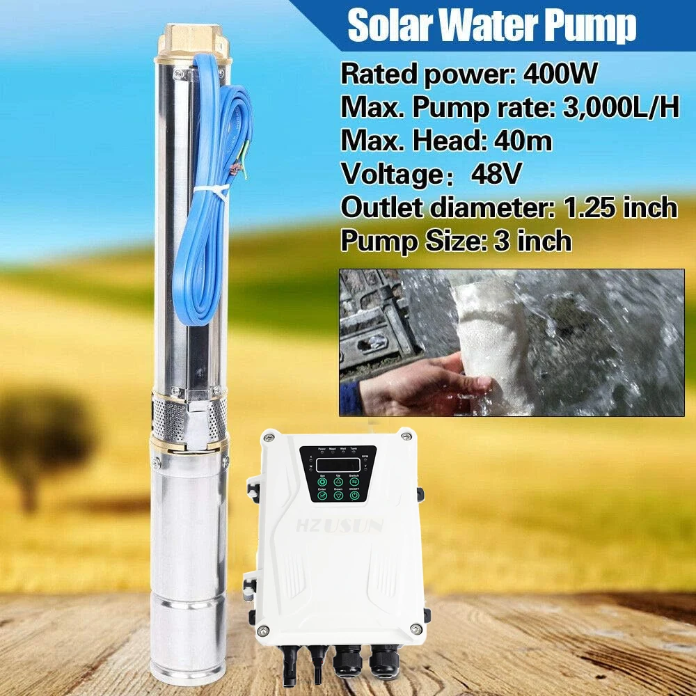 

HZUSUN 3" 48V 400W BLDC Motor Solar Deep Well Submersible Water Pump 9GPM 100FT Borehole Farm Irrigation & MPPT Controller Kit