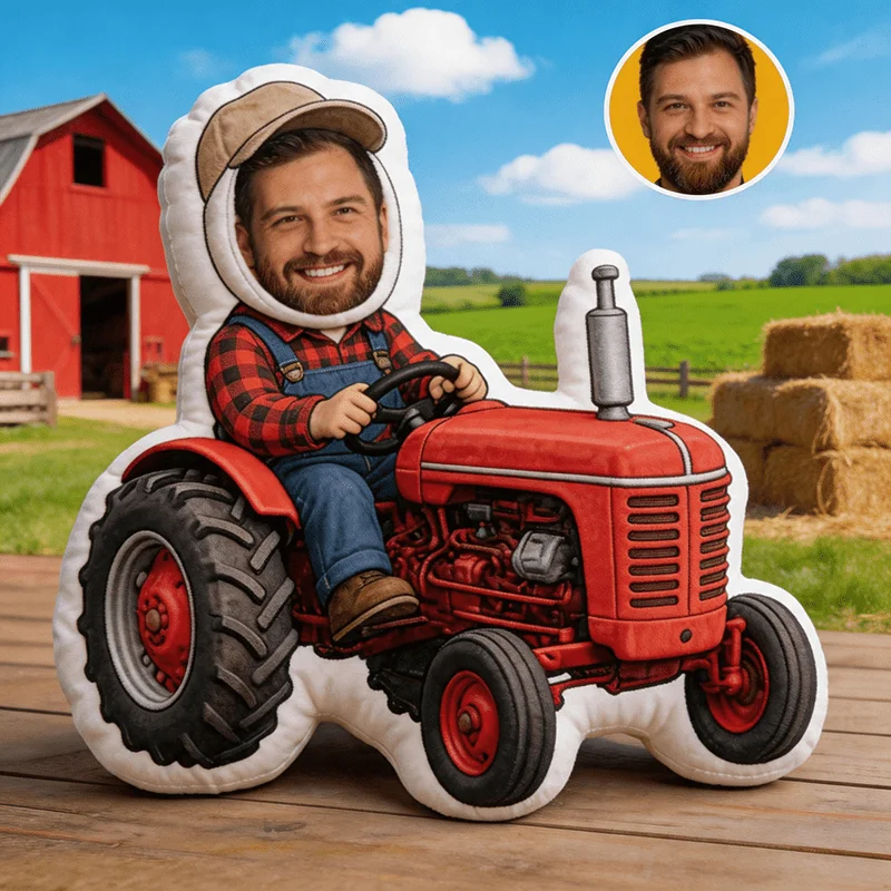 Personalized Photo Customization: Farm Tractor Driver Character Vibrant Multicolored Custom Shaped Decorative Cushion, Stylized