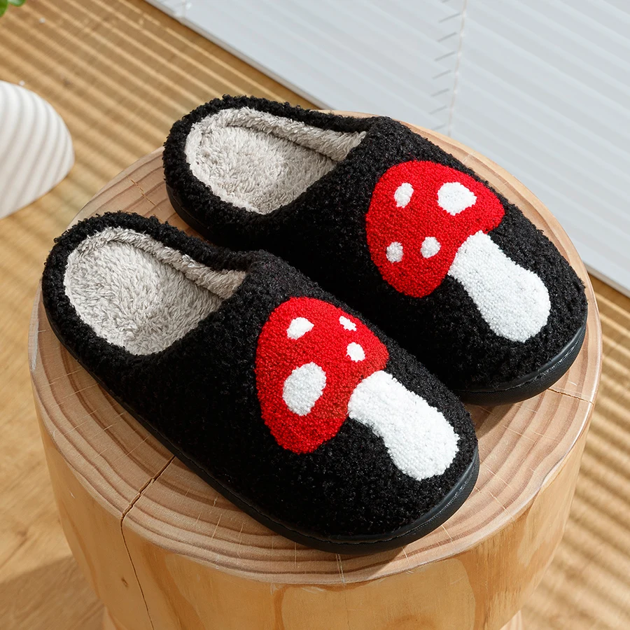 Winter Home Slippers Indoor Warm Women Embroidery Fuzzy Mushroom Casual Cute Exquisite Anti Slip Comfortable Fashion Plush Shoes