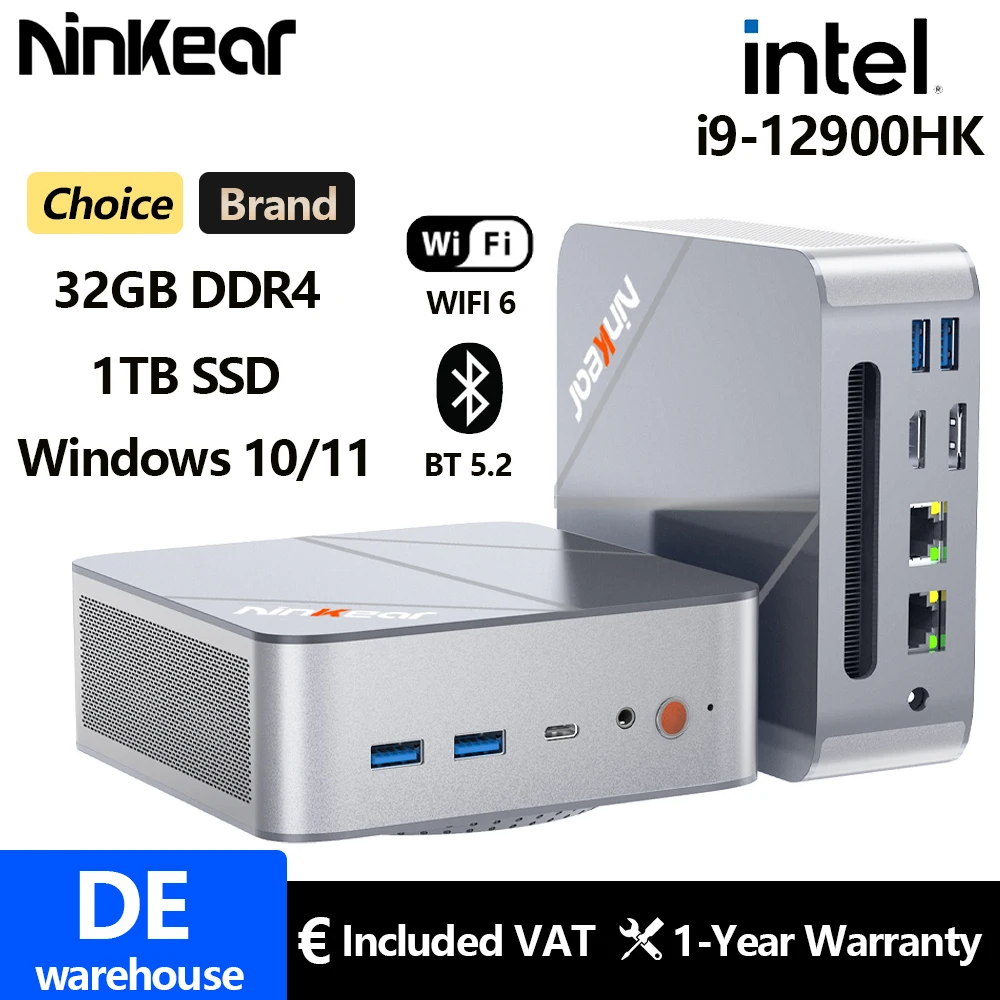 Ninkear Mini PC L12 Pro Intel i9-12900HK Windows 10/11 OS 32 GB DDR4 1 TB SSD WiFi 6 BT5.2 Tri-Display PC Computer da gioco desktop