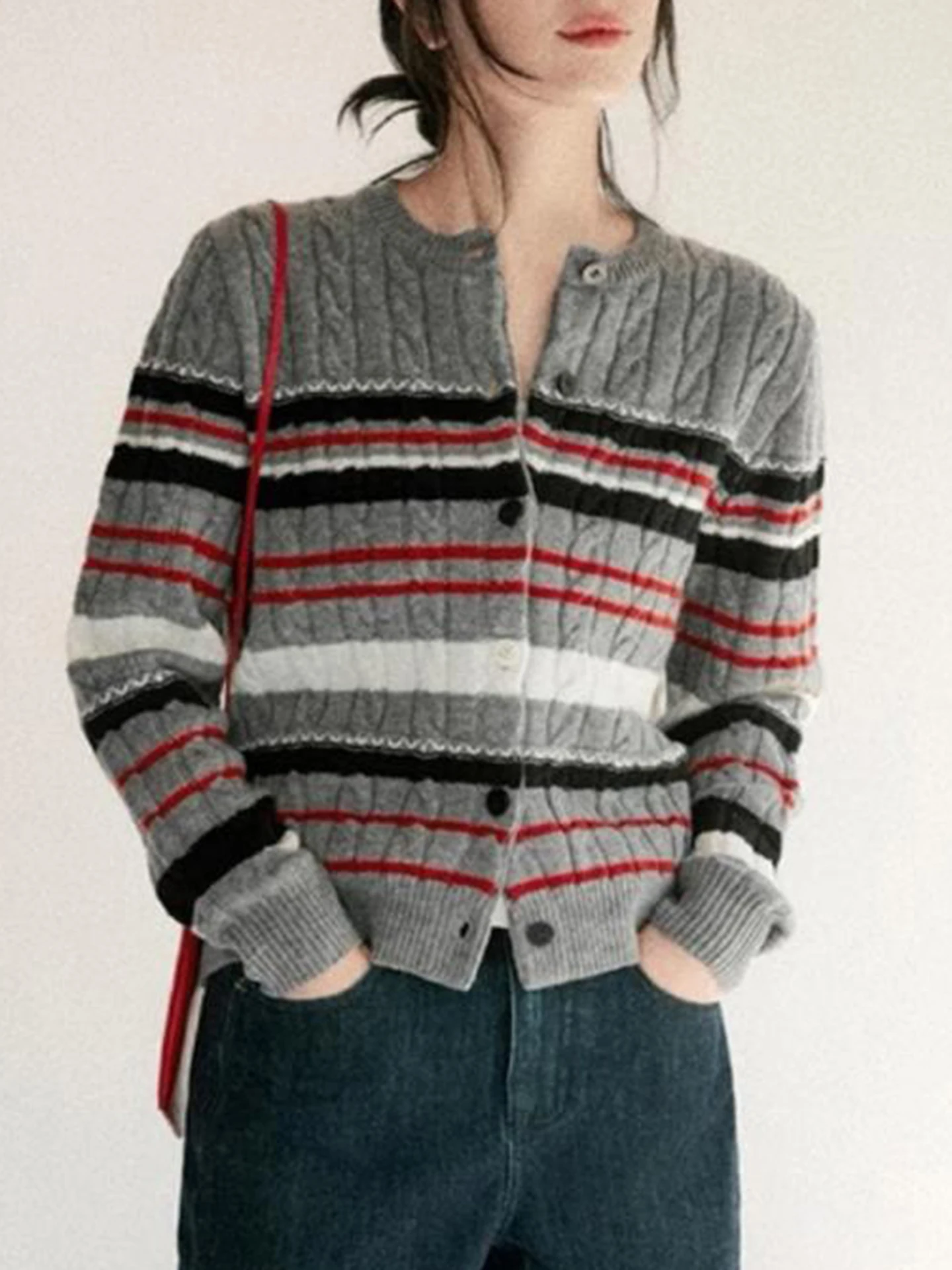 New 100%Merino Wool Cardigan for Women O-Collar Knitted Stripe Collision Color Sweater Autumn Winter Casual Comfortable Warm Top