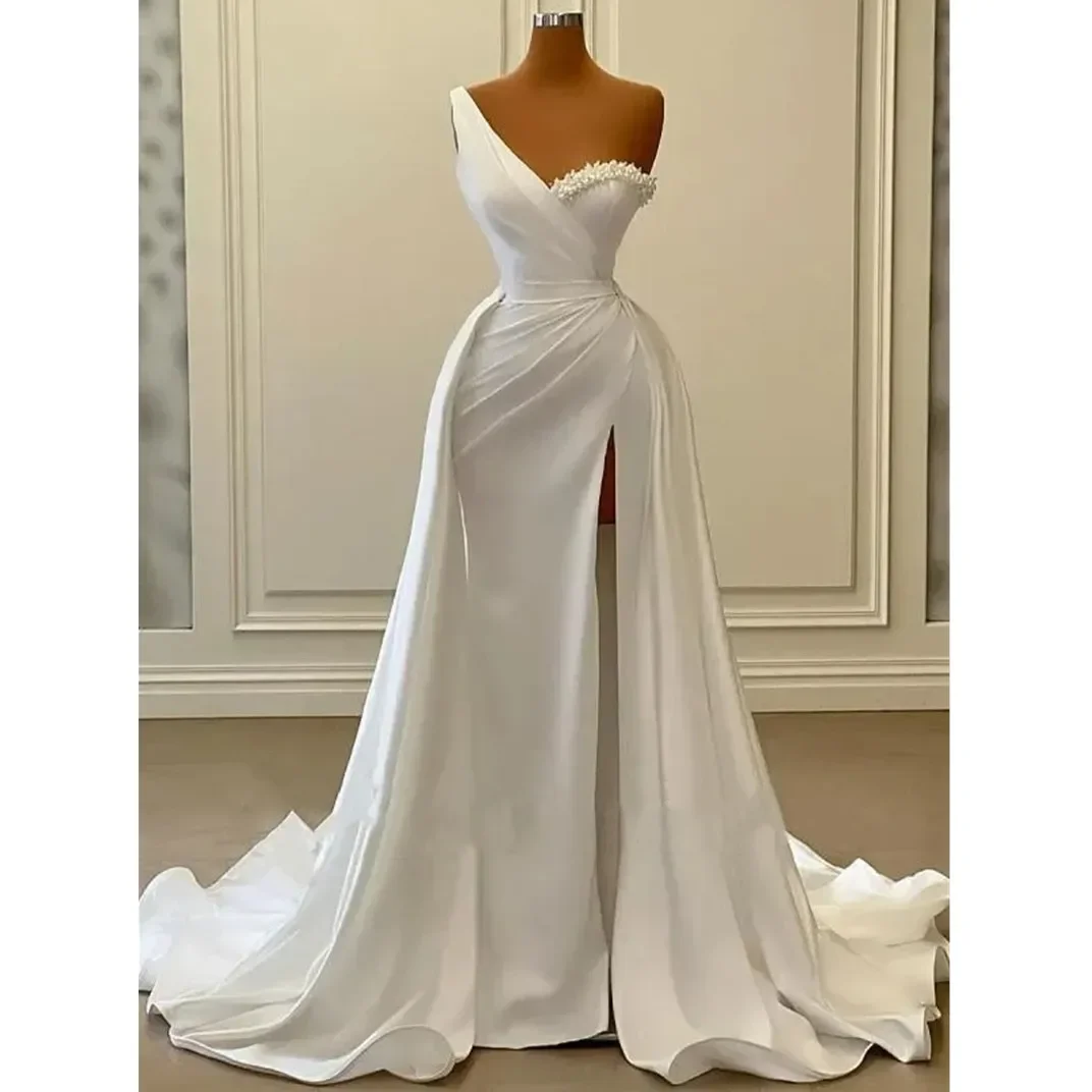 White One Shoulder Sleeveless Satin Split Prom Dresses 2024 Beading Arabic Long Evening Gowns Robe De Soiree