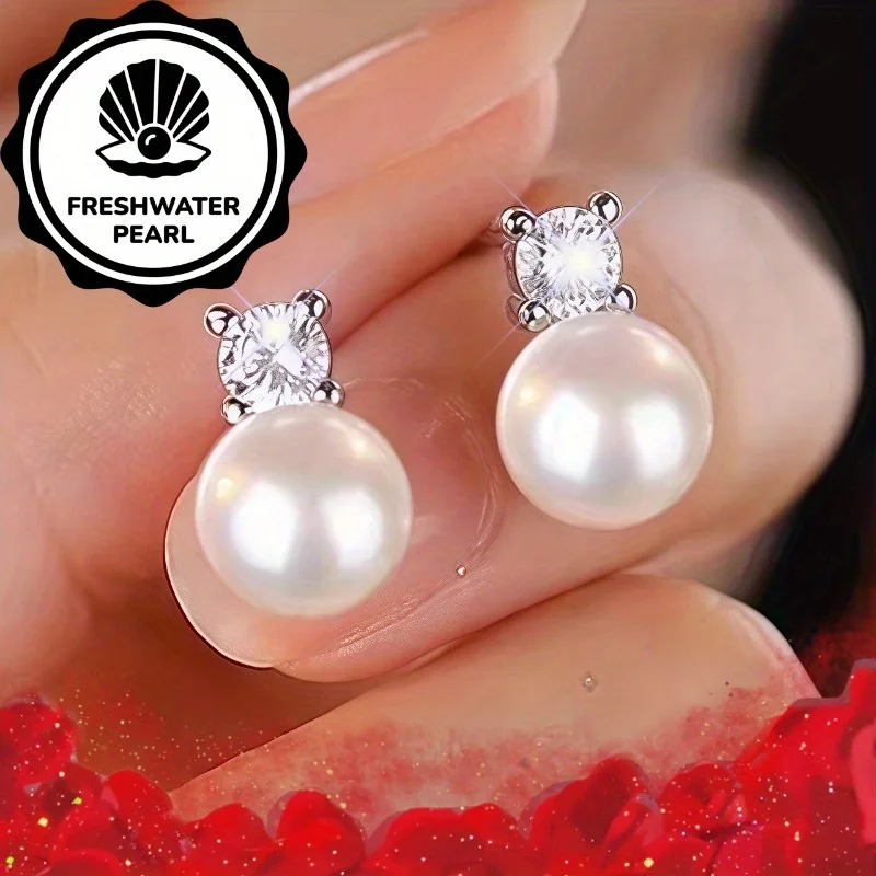 Simple French-style rhinestone freshwater pearl earrings, vintage and light luxury, suitable as a gift for all four seasons, perfect for Christmas and gifting