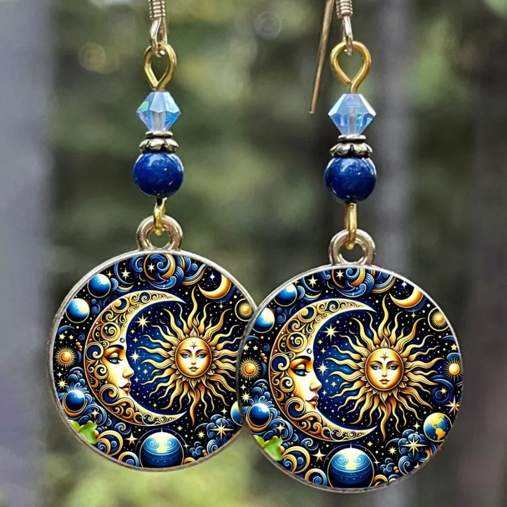 Boucles d'oreilles pendantes Bohème Mystique Visage Soleil Lune, Perles Bleues, Étoiles Célestes, Style Sorcière, pour Femme, Bijoux de Méditation et de Dévotion