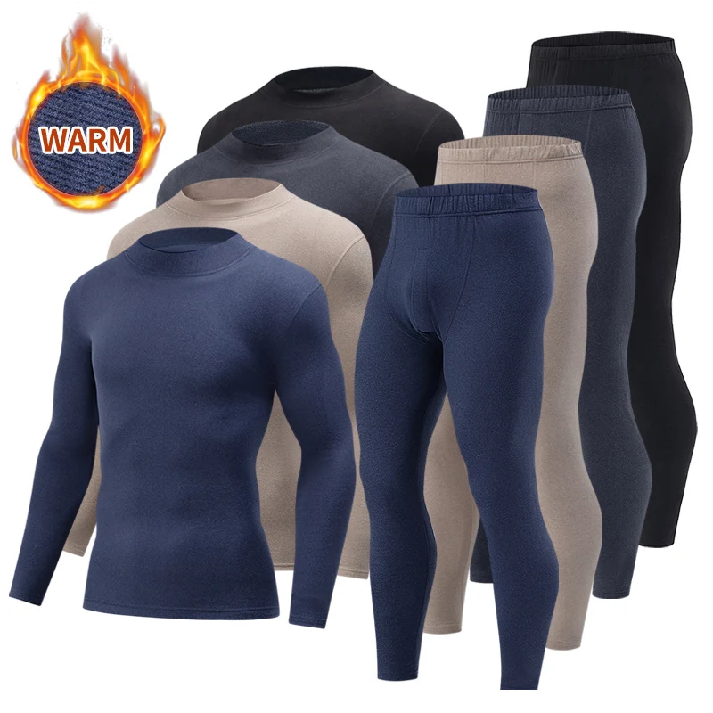 2-piece Autumn And Winter Men's Solid Color Semi High Neck Long Sleeved Pants Warm Base Set Large Size Comfortable Inner Layer