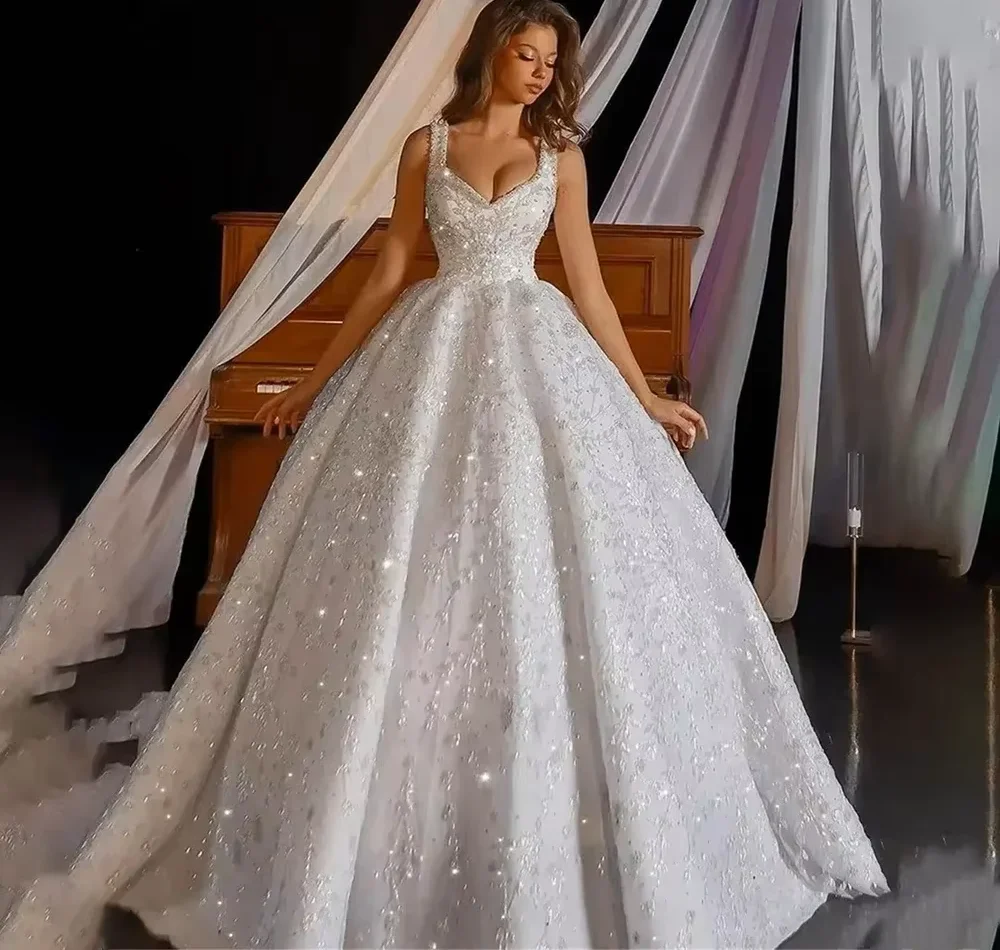 Luxury V-neck Sparkling Wedding Dress Thin Straps Sleeveless Beads Sequins A-line Church Bridal Bride Gowns Robe De Mariage