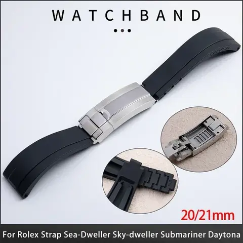 New 20/21mm Black Rubber Watchband For Rolex Strap DAYTONA SUBMARINER GMT YachtMaster OYSTERFLEX Datejust Glidelock Wristband