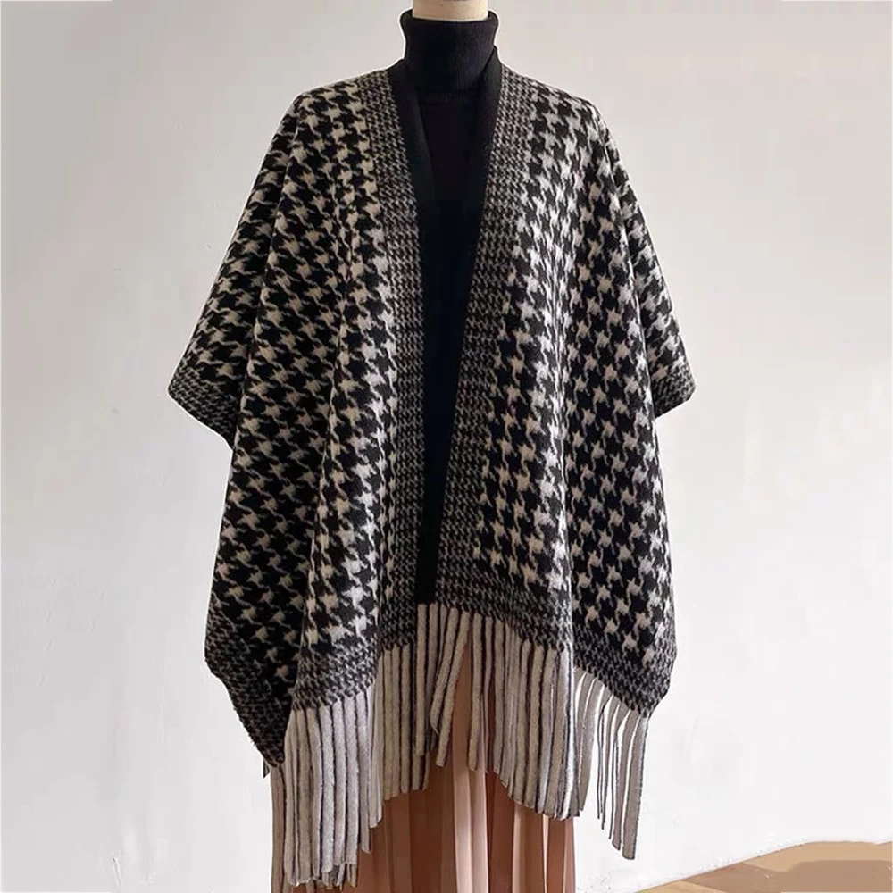 Fashion Elegant Black Jacquard Imitate Cashmere Shawl Autumn Winter Women Wool Cape Long Scarf Wraps