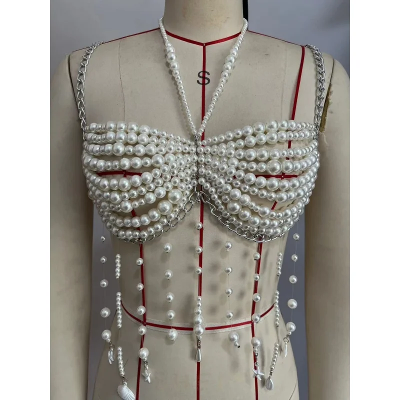 Damen-Body-Kette mit Kunstperlen, Seestern- und Muscheldesign, Quasten, handgefertigtes, mit Perlen besetztes Oberteil, verstellbare Rückenkette, Körperschmuck für den Strand – Detail 6