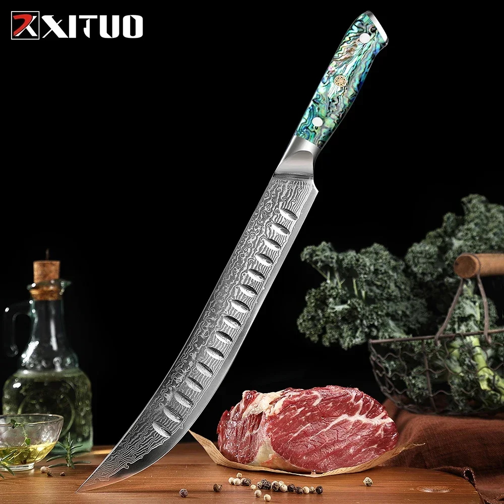 Chef Ham Knife 10 Inch Butcher Knife Sashimi Knives Damascus Steel Cimitar Knife Vacuum Treated Kitchen Knives Full Tang Handle