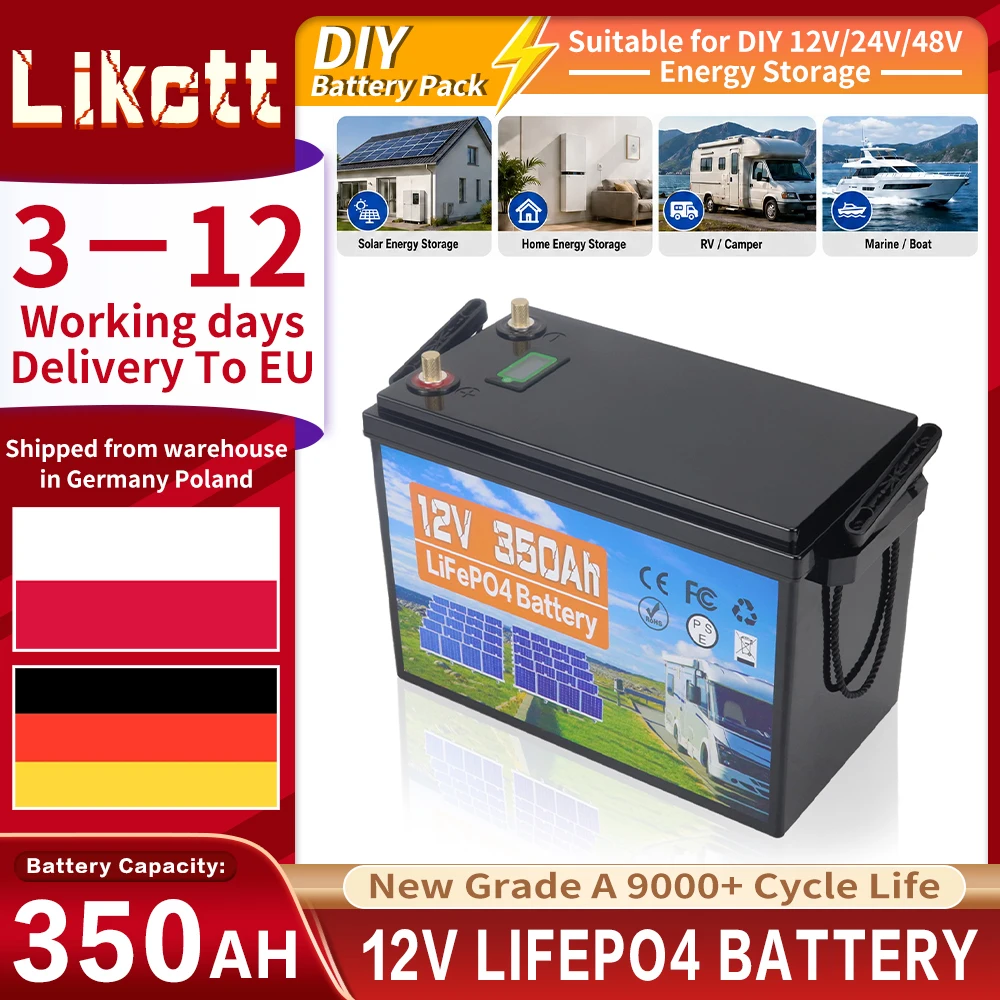 EU-Lagerbestand, Klasse A, 12V 350Ah LiFePO4-Batteriepack, 12,8V wiederaufladbare Zellen, DIY 12V 24V 36V 48V für Wohnmobil, Boot, Solar, Camping