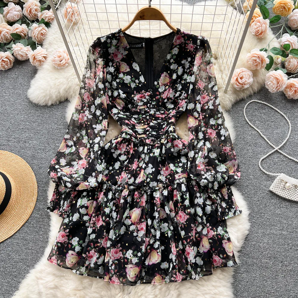 Sweet Floral Print Slip A-line Mini Dress Women's Spring Autumn French Sexy New Fashion Vestidos Femininos Frete Grátis J113