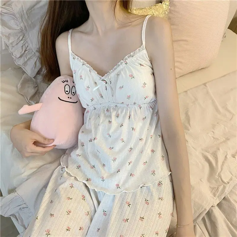 Pajama Sets Women Sweet Girls Sleepwear V-neck Floral Print Three-piece Set Pyjama Cute Preppy Casual Gentle Bow Pijama Mujer