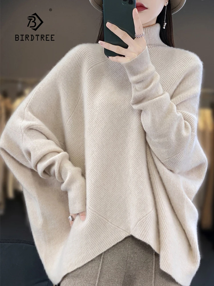 

Birdtree，100% Wool Sweater,women's Half High Neck Bat Sleeve Outer Base Pullover,2024 Autumn And Winter New Top T48002KE