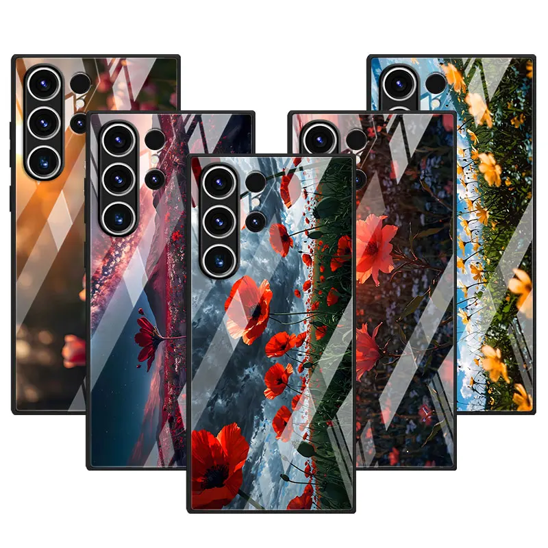 Tempered Glass Case for Samsung Galaxy S26 S24 S22 S23 S25 S20 FE S10 S21 Ultra S8 Plus Sea of Flowers Flower Field Phone Cover