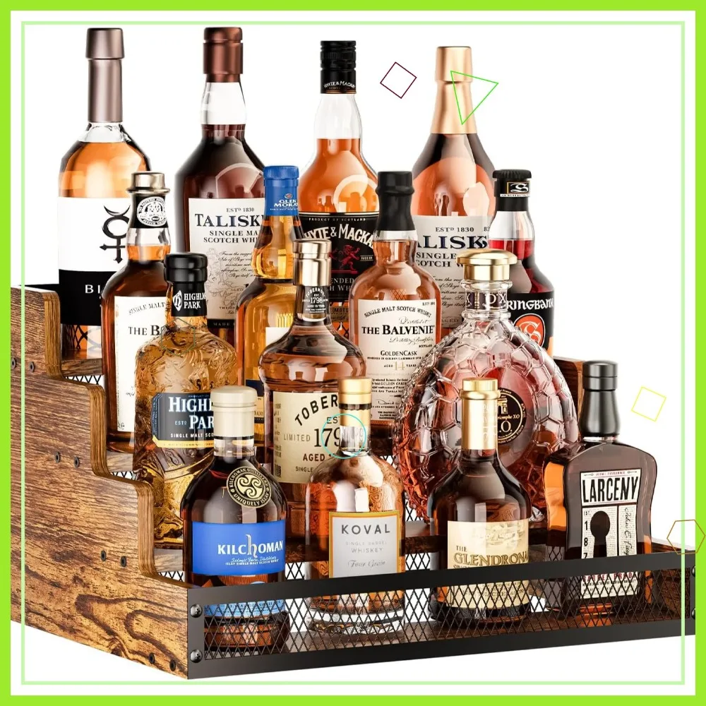 

4-уровневая деревянная полка для витрины для бутылок с ликером с забором, отдельно стоящее хранилище для виски, вина, кофе, сиропа, ретро-домашняя барная стойка