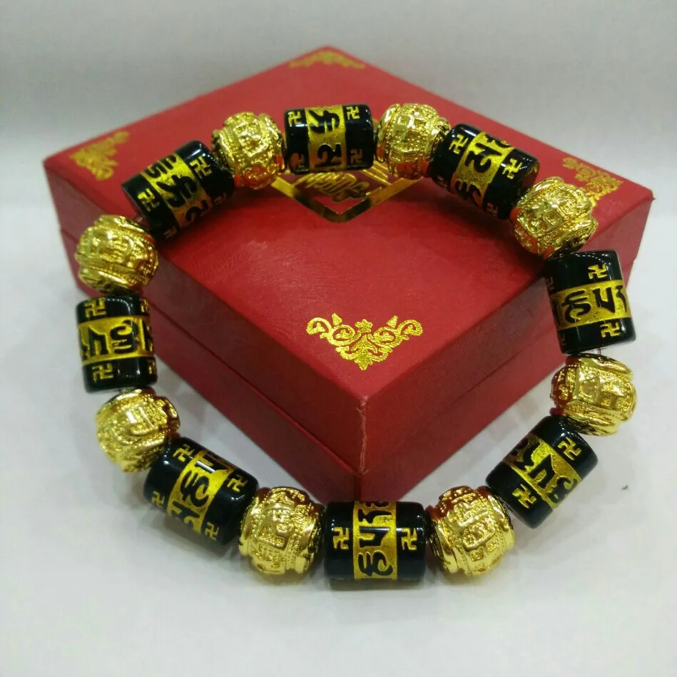 

24K fashion six-character mantra beads with obsidian bracelet jewelry gold 999 jewelry bracelet