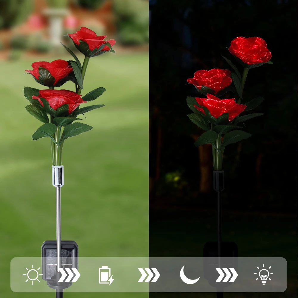 3 Heads Solar Garden Lights Upgraded Outdoor Simulation Rose Lights Yard Garden Decoration Realistic Rose Flower Lamp