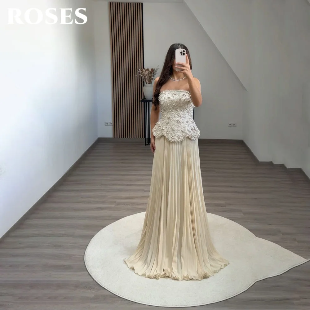 

ROSES Ivory Prom Dresses A-Line Strapless Evening Dress with Paerls Beadings Tulle Sleeveless Party Dress for Woman Customized