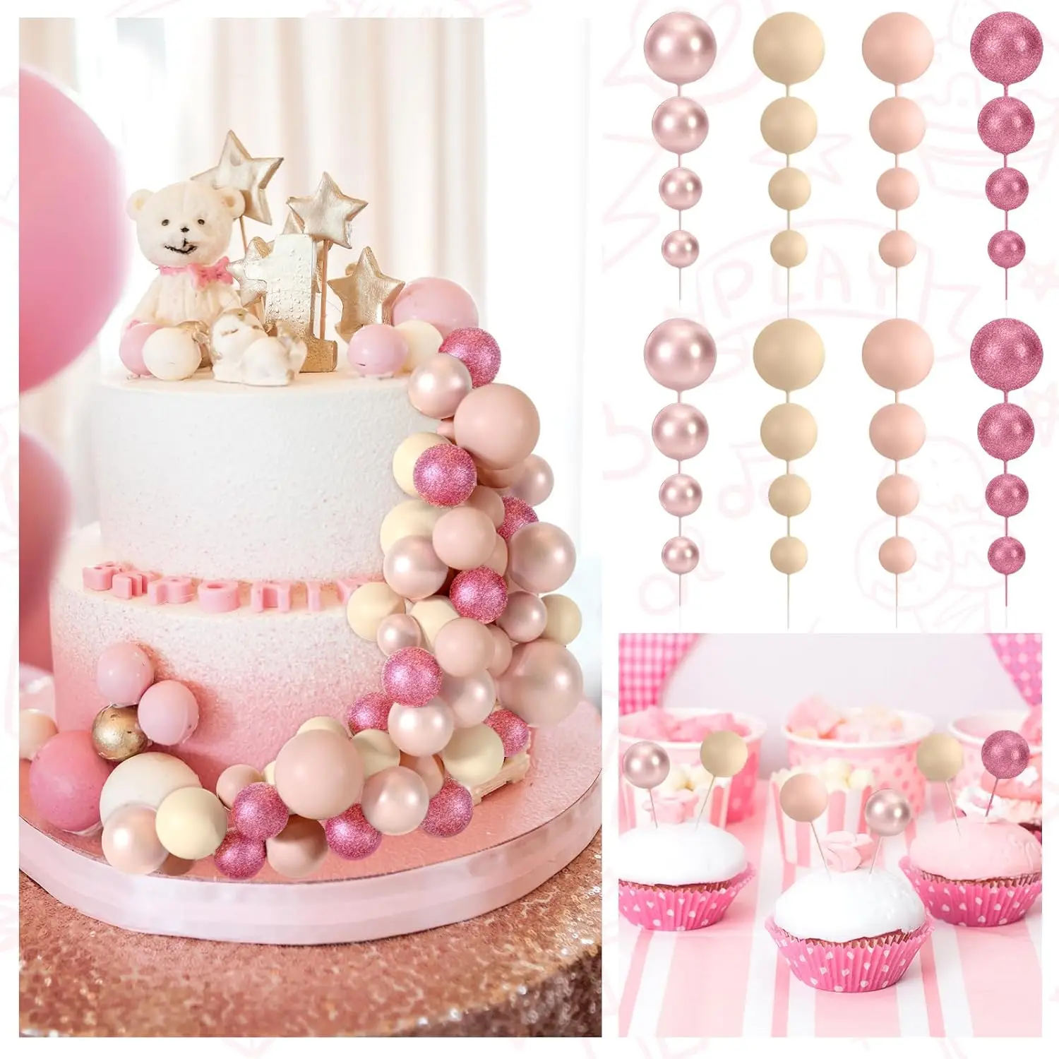 48pcs Pink Cake Decor Balls Cake Topper for Birthday Party Wedding Cake Decor(Glitter Pink, Rose Gold, Light Brown, Light Nude)