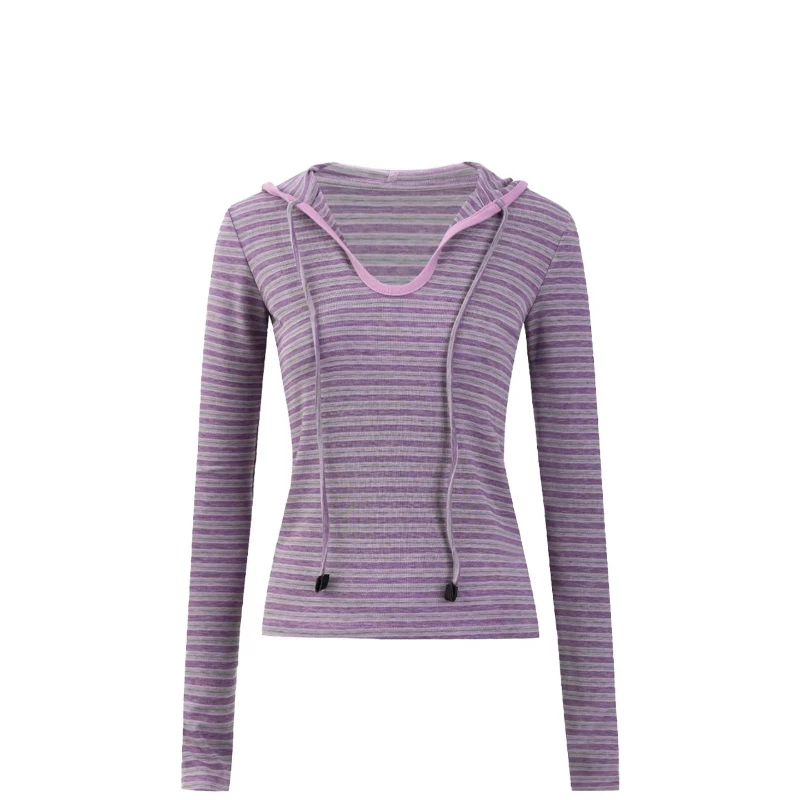 Design vintage casual listrado com capuz camada base moletom feminino 2026 primavera moda personalidade emagrecimento malha topo senhoras