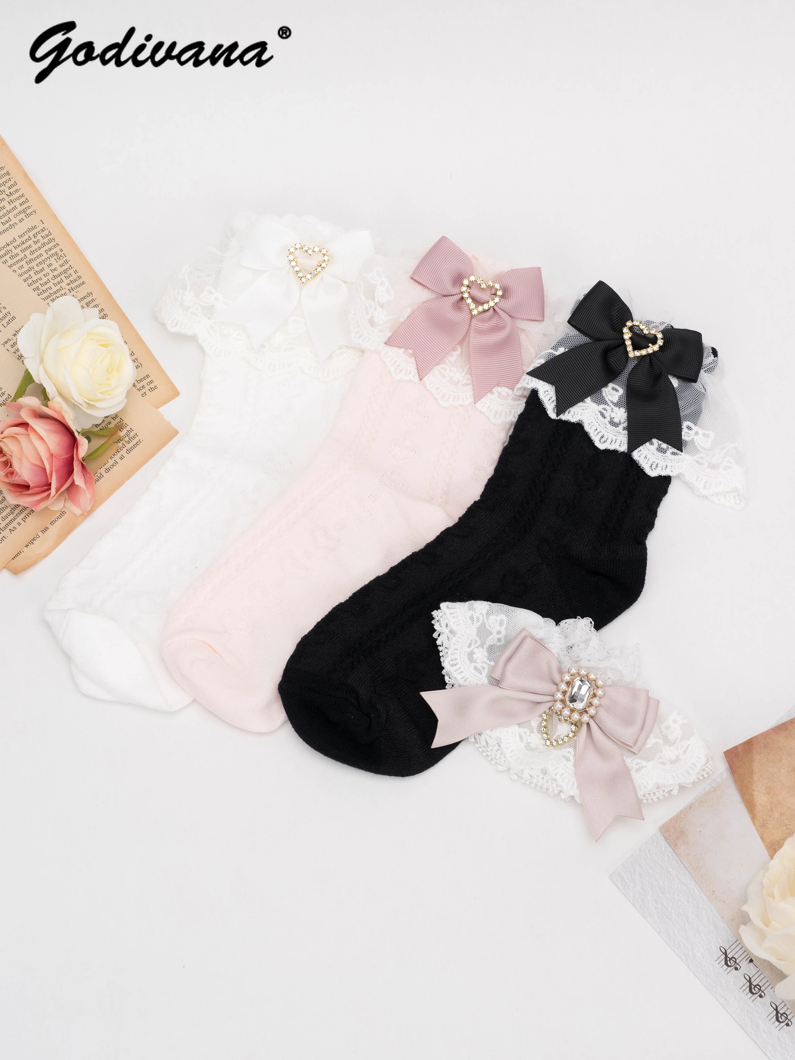 

Japanese Style Ruffles Lace Bowknot Cotton Sock Girl Students Mine Series Mass-Produced JK Bow Socks Lolita Women Socks