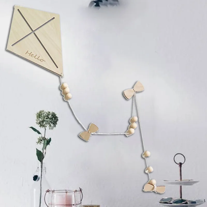 Wooden Kite Wall Decoration Creative Kite Pendant Bowknot Hanging Ornament Wood Crafts Baby Gift Photo Props Kids Room Deco