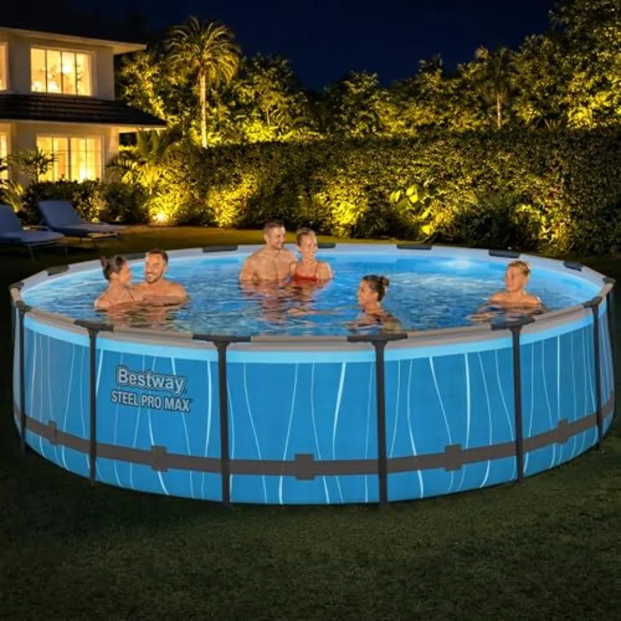 15' x 42" Above Ground Pool, Round Metal Frame Outdoor Swimming Pool Set with LED Light, Filter Pump, Ladder, & Cover, Dark Gray - view 3