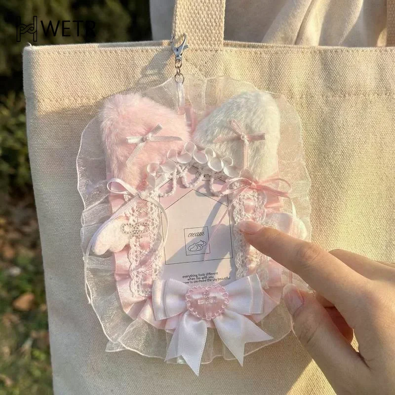 Sweet Cute Plush Lace Photocard Holder Anime Lolita Idol Display Photo Protector Case Card With Bowknot Pendant Bag Accessory