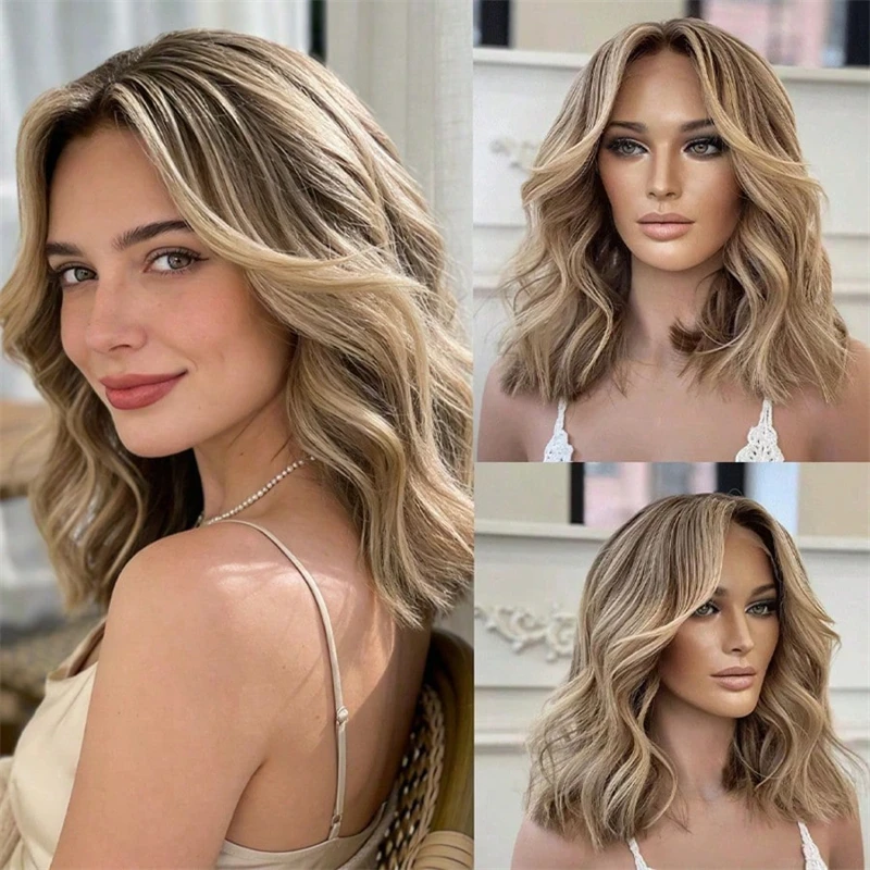 14-inches-150-density-short-wave-bob-13x4-ombre-brown-blonde-balayage-heat-friendly-synthetic-wig-for-women-high-quality-wig