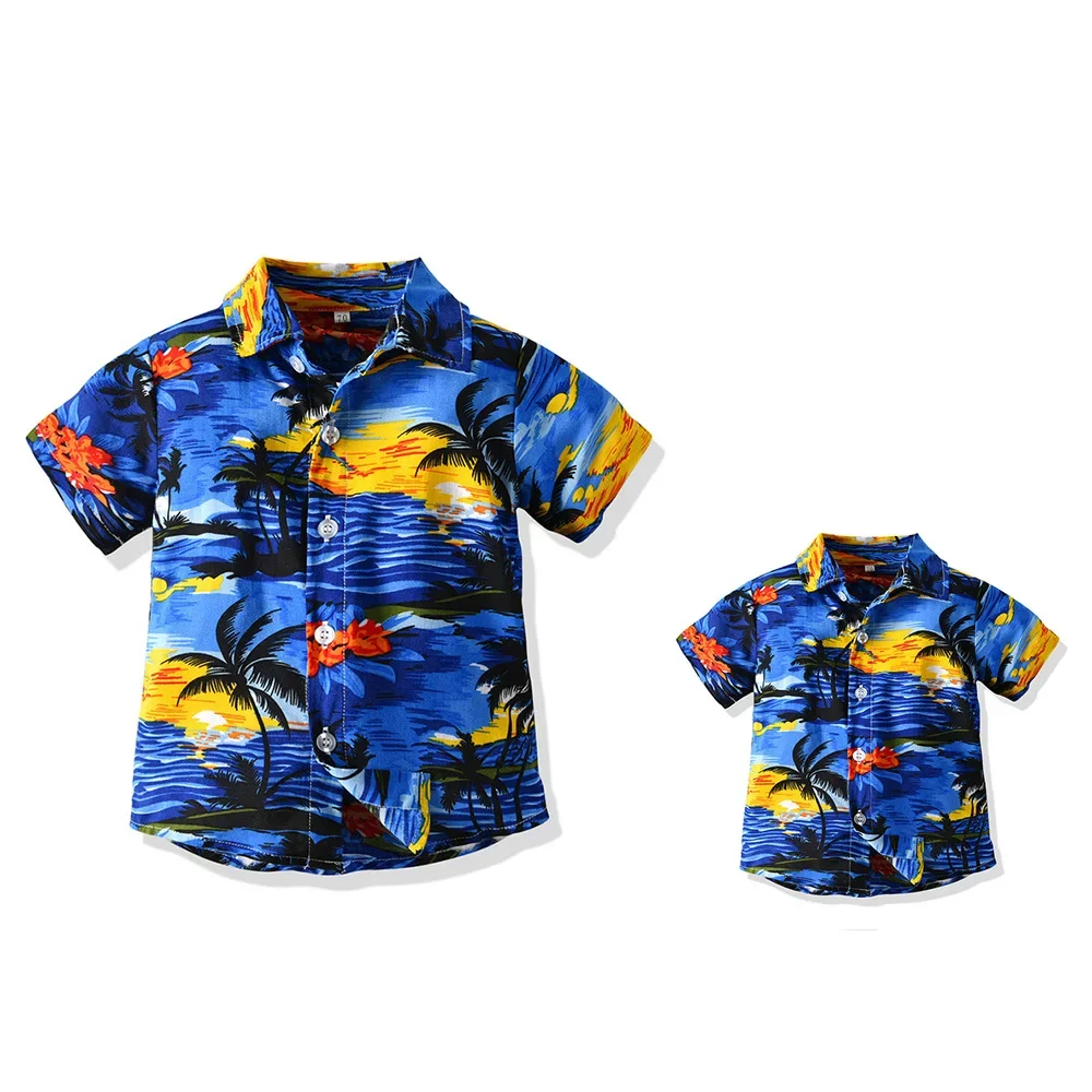 Boy Hawaiian Flower Shirt  Lapel Short Sleeve Father Kid Shredded Casual Cardigan Parent Child Clothe Button Summer Beach Blouse