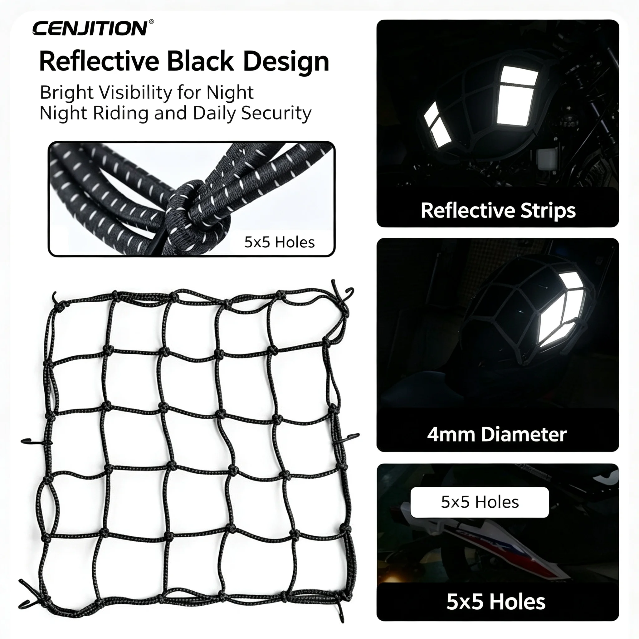 CENJITION 40x40cm Reflective Motorcycle Cargo Net 6 Hooks HighElastic Bungee Luggage Mesh Helmet FuelTank Seat NightSafety Black