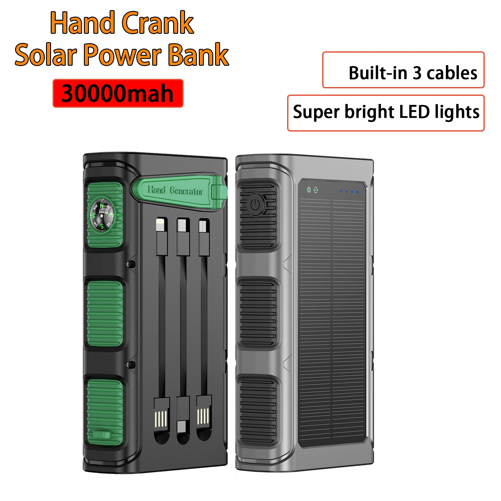 

Solar Power Bank Hand Crank PD 20W Fast Charging Portable Charger 30000mAh with Cable Camping Light for IPhone Xiaomi Samsung