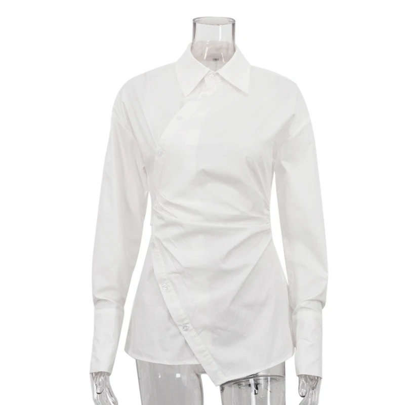 2025 nouveau coton blanc revers à manches longues taille cintrée femmes chemise conception croisée irrégulière Cardigan haut