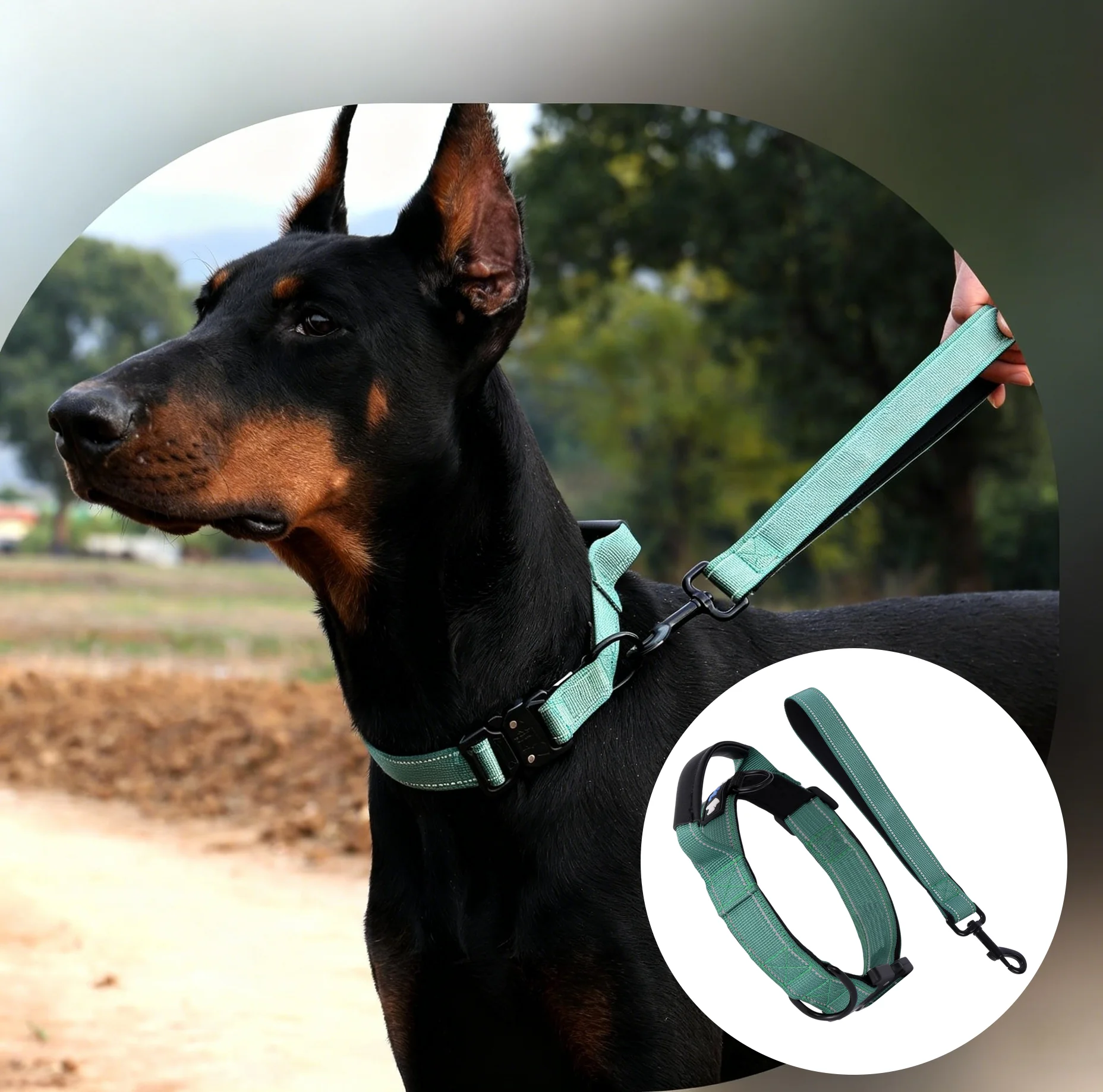 Collar Táctico para Perro con Correa, Asa Forrada en Cuero, Collar de Nailon Reflectante Ajustable, Hebilla de Metal, Acolchado Suave