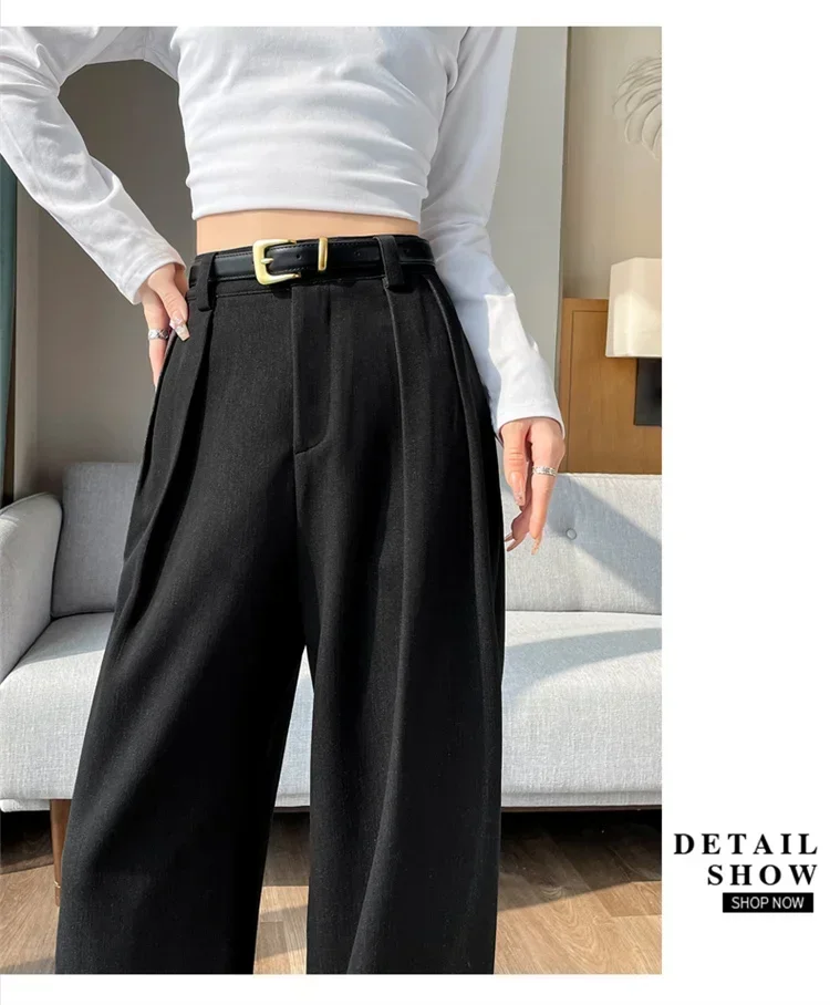 Y2k Korean Autumn High Waist Simple  Suit Pants with Belt Solid Color Straight Casual Fashion Slim Women Trousers  Wide Leg