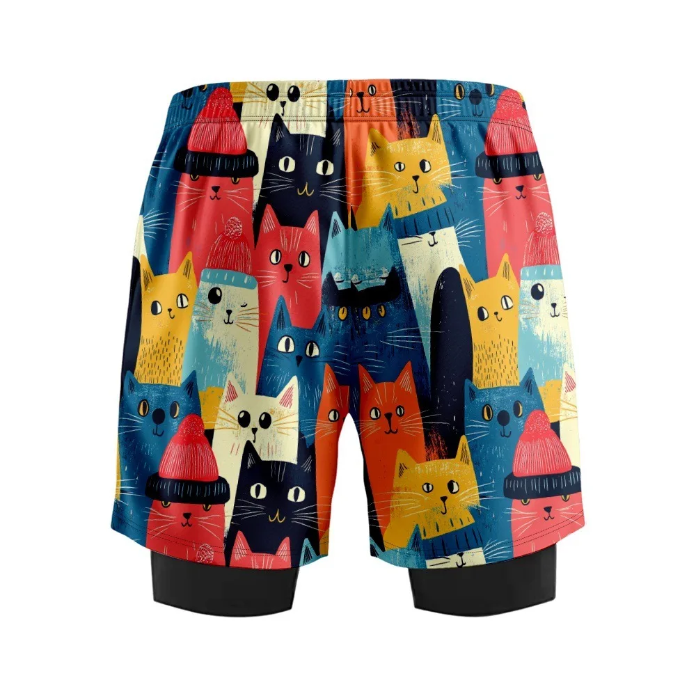 HARAJUKU Kawaii Mew Cat พิมพ์กางเกงขาสั้นชายหาดกางเกงว่ายน้ําบุรุษการบีบอัดชุดว่ายน้ําฤดูร้อนว่ายน้ํากางเกงขาสั้น PLUS ขนาด