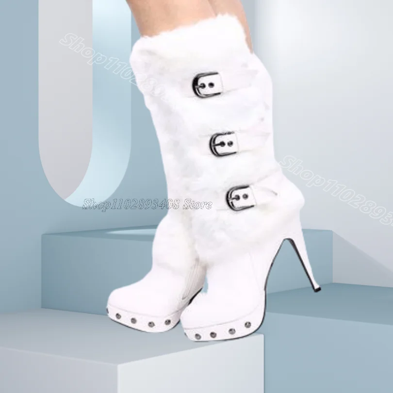 

White Crystal Decor Platform Boots Fur Ankle Buckle Stylish British Style Design Women Casual Short Boots Zapatos Para Mujere