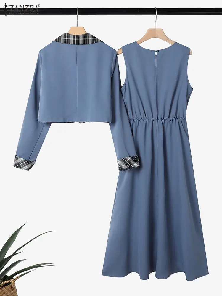 ZANZEA ファッション女性ドレスセット 2026 春エレガントなノースリーブロング Vestidos 長袖チェック柄シャツカジュアル 2 個プリーツ衣装