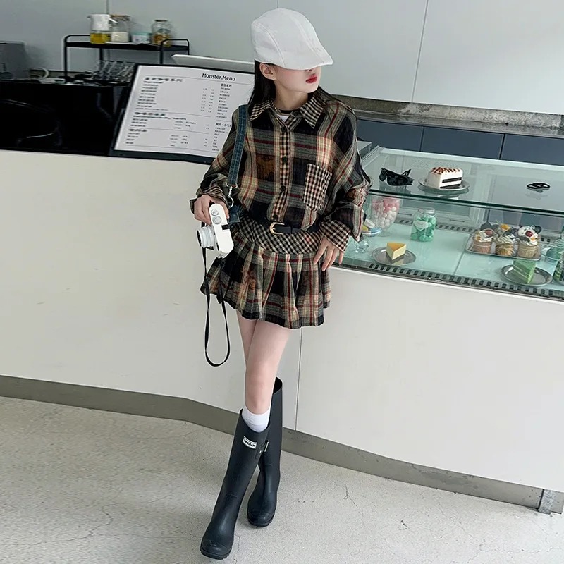 Girls Fall Set 2024 New Sweet Cool Style Loose Vintage Plaid Shirt Women Fall Pleated Skirt Two-piece Set European Fashion Style