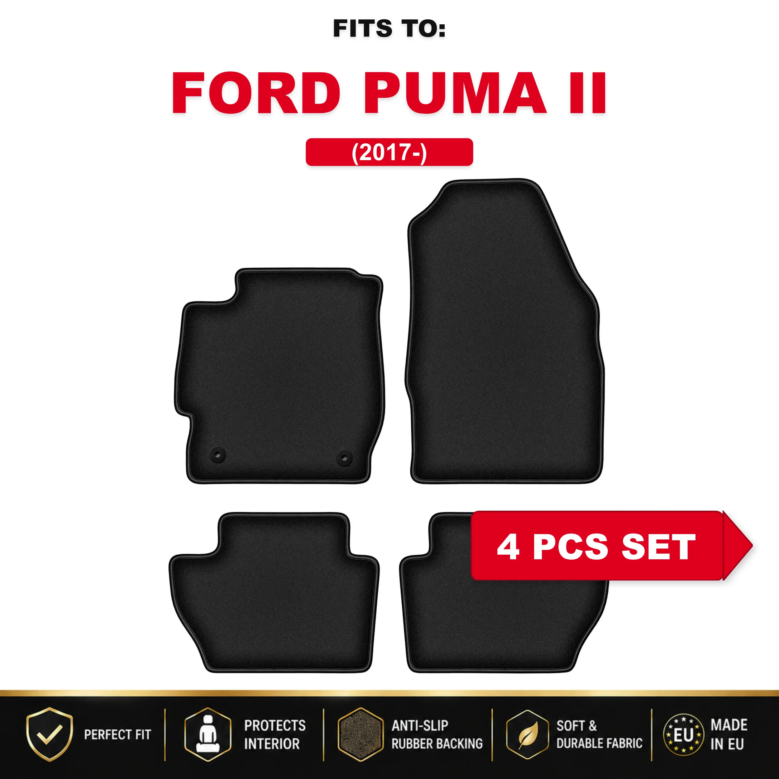 Zwarte velours autovloermatten, 4 stuks Voor: Ford Ka + 2014-voertuig passende hatchback automattenset