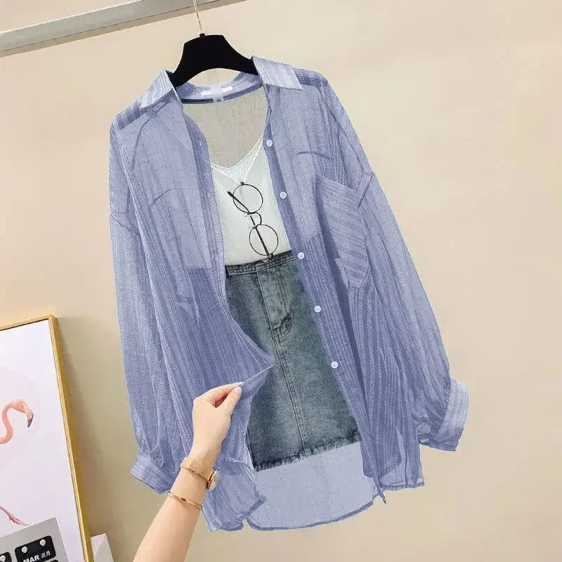 

Summer Sunscreen Shirt Elegant Perspective Thin Chiffon Blouse Korean Harajuku See Through Loose Top Casual Women's Cardigan