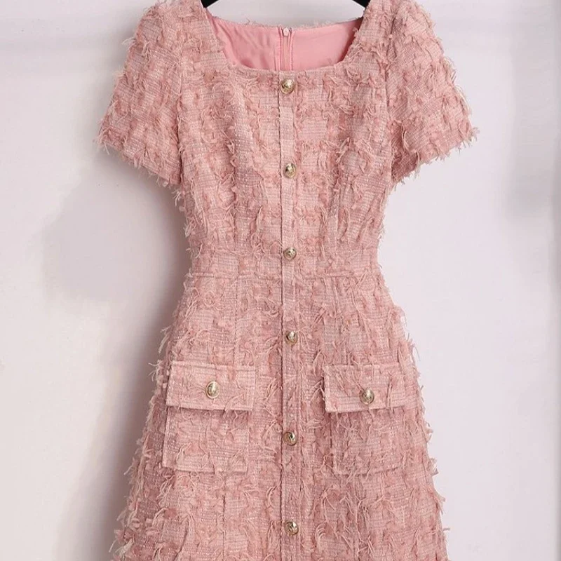 Pink Small Fragrance Dress Summer Women's 2024 New Small Salt System Light Cooked Wind Square Collar Fringe Skirt  Casual Style