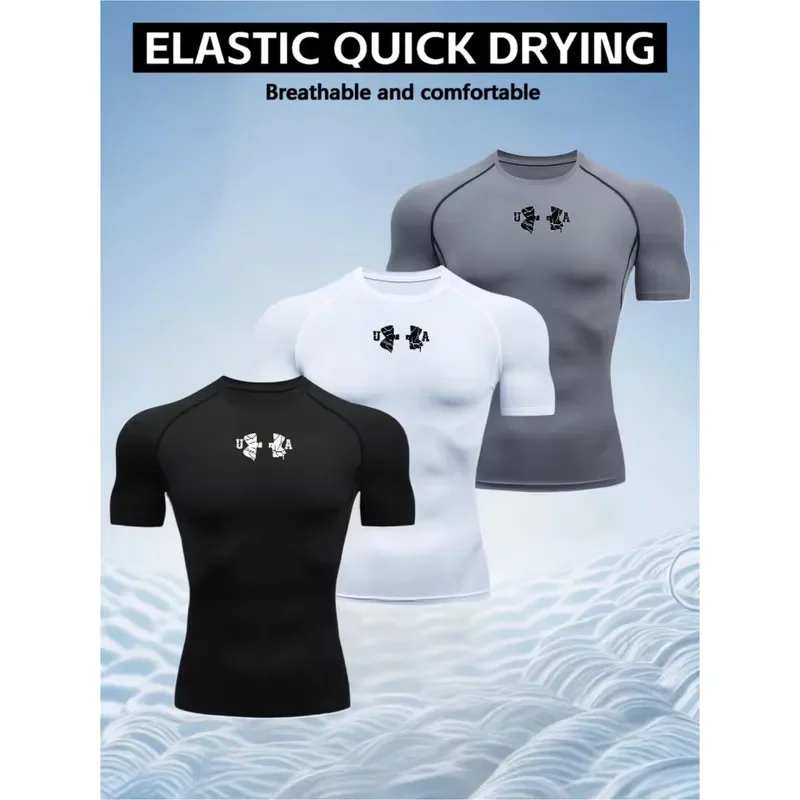 3-Piece Men's High-Elastic Quick-Dry Breathable Compression Fitness Set: Printed Short-Sleeve Crew-Neck Slim Fit Tops for