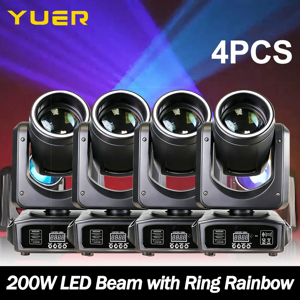 

4pcs 200W LED Beam Moving Head Light with LED Ring 6+12 prism 15 Gobos DMX Rainbow Effect for DJ Disco Show Party Wedding